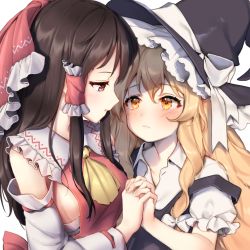 Rule 34 | 2girls, artist name, ascot, black hair, black headwear, black vest, blonde hair, bow, breasts, collaboration, commentary request, detached sleeves, eye contact, flat chest, frilled bow, frilled shirt collar, frills, hair between eyes, hair bow, hair tubes, hajin, hakurei reimu, hat, hat bow, holding hands, kirisame marisa, long hair, long sleeves, looking at another, medium breasts, minust, multiple girls, parted lips, profile, puffy short sleeves, puffy sleeves, red bow, red eyes, sarashi, shirt, short sleeves, sideboob, sidelocks, simple background, strap slip, touhou, upper body, vest, white background, white bow, white shirt, witch hat, yellow ascot, yellow eyes, yuri