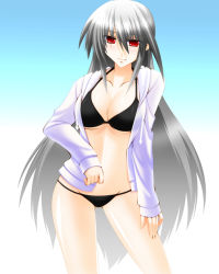 Rule 34 | 1girl, bikini, black bikini, breasts, engo (aquawatery), gradient background, hand on thigh, jacket, large breasts, light smile, long hair, lyrical nanoha, mahou shoujo lyrical nanoha, mahou shoujo lyrical nanoha a&#039;s, open clothes, open shirt, red eyes, reinforce, shirt, silver hair, solo, swimsuit, underboob, very long hair