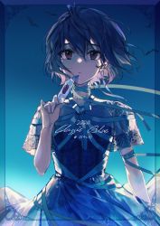 Rule 34 | 1girl, bird, blue dress, blue hair, blue theme, closed mouth, dress, hair between eyes, hand up, highres, holding, holding letter, lace, lace-trimmed dress, lace trim, letter, looking at viewer, neck ribbon, original, pleated dress, purple eyes, ribbon, short hair, short sleeves, solo, wata (attaka towel), wrapped up