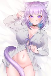 Rule 34 | :3, :q, absurdres, animal ears, bed sheet, blue hair, blunt bangs, blush, bottomless, breast pocket, breasts, cat ears, cat girl, cat tail, cleavage, closed mouth, collar, collarbone, collared shirt, covering privates, covering crotch, cowboy shot, dress shirt, highres, hololive, large breasts, long sleeves, looking at viewer, lying, multicolored hair, naked shirt, namagome negi, navel, nekomata okayu, nekomata okayu (oversized shirt), official alternate costume, on back, on bed, open clothes, open shirt, paw pose, pink hair, pocket, purple eyes, purple ribbon, ribbon, shirt, smile, solo, stomach, tail, tail censor, tongue, tongue out, two-tone hair, virtual youtuber, white shirt