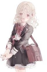 Rule 34 | 1girl, ascot, bag, blazer, blonde hair, blood, blood on clothes, blush, buttons, diabolik lovers, flower, hair flower, hair ornament, hano luno, jacket, komori yui, layered skirt, looking back, medium hair, open mouth, pink eyes, school bag, school uniform, skirt, smile, solo, v arms, wavy hair, when you see it