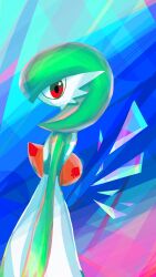 Rule 34 | 1girl, ame (metorui), arm at side, blue background, bob cut, colored skin, creatures (company), female focus, flat chest, from side, game freak, gardevoir, gen 3 pokemon, green hair, green skin, highres, looking at viewer, multicolored skin, nintendo, pokemon, pokemon (creature), red eyes, short hair, solo, standing, two-tone skin, white skin