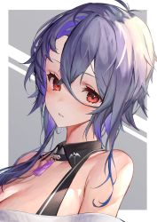 Rule 34 | 1girl, absurdres, antenna hair, azur lane, bare shoulders, blush, border, breasts, cleavage, detached collar, foch (azur lane), foch (rainbow rendezvous) (azur lane), grey background, hair between eyes, highres, kabi (zcwd8845), large breasts, looking at viewer, multiple tails, official alternate costume, outside border, parted lips, purple hair, red eyes, short hair with long locks, sidelocks, solo, tail, two tails, upper body, white border