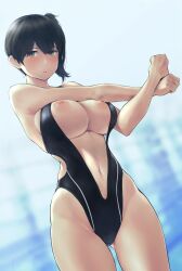 Rule 34 | 1girl, alternate costume, black one-piece swimsuit, blurry, blurry background, breast press, breasts, brown eyes, brown hair, clothing cutout, commentary request, gluteal fold, highleg, highleg swimsuit, highres, inverted nipples, kaga (kancolle), kantai collection, large breasts, long hair, looking at viewer, navel, nipple slip, nipples, one-piece swimsuit, parted lips, revision, side ponytail, solo, stomach cutout, stretching, swimsuit, wa (genryusui)