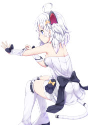 Rule 34 | 1girl, adjusting clothes, adjusting gloves, ahoge, azur lane, blue eyes, boots, bridal gauntlets, cable, cable tail, dress, electric plug, from behind, glove bow, gloves, hair ornament, looking away, mechanical tail, simple background, sitting, solo, striped clothes, striped dress, tail, thigh boots, thighhighs, universal bulin (azur lane), uru byou, vertical-striped clothes, vertical-striped dress, white background, white footwear, white gloves, white hair