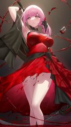 Rule 34 | 1girl, absurdres, alcohol, arm up, bare shoulders, breasts, cup, dress, drinking glass, highres, hololive, hololive english, large breasts, long hair, looking at viewer, mori calliope, mori calliope (party dress), pink eyes, pink hair, red dress, sash, scythe, side ponytail, solo, somebody (leiking00), thighs, virtual youtuber, wine, wine glass