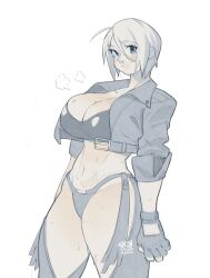 Rule 34 | 1girl, absurdres, angel (kof), bra, breasts, cleavage, fingerless gloves, gloves, grey hair, highres, jacket, large breasts, looking at viewer, midriff, navel, open clothes, open jacket, pout, short hair, snk, strapless, strapless bra, the king of fighters, thong, underwear