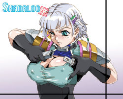 Rule 34 | 1girl, aqua eyes, armor, balrog (shadaloo tachikawa shibu), banpresto, belt, belt bra, black gloves, blunt bangs, blush, body blush, braid, breast poke, breast suppress, breasts, buckle, bursting breasts, cleavage, cleavage cutout, clothing cutout, covered erect nipples, dressing, frown, gloves, gradient background, grey background, hair ornament, hairclip, inconvenient breasts, large breasts, looking down, namco, nose blush, one eye closed, pauldrons, pilot suit, poking, seolla schweizer, shadaloo, shirt, short hair, shoulder armor, side braid, silver hair, solo, super robot wars, super robot wars original generation, taut clothes, taut shirt, turtleneck, uneven eyes, upper body, wardrobe malfunction, wince, wink