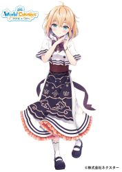 Rule 34 | 1girl, ahoge, apron, black apron, black bow, black footwear, blonde hair, blue eyes, blush, bow, braid, character request, closed mouth, commentary request, copyright name, frilled skirt, frills, full body, hair between eyes, hands up, maruma (maruma gic), own hands together, patty flavie, shirt, shoes, short sleeves, simple background, skirt, smile, socks, solo, standing, standing on one leg, virtual youtuber, white background, white shirt, white skirt, white socks, world connect