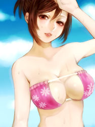 Rule 34 | 1girl, arm at side, arm up, bare arms, bare shoulders, bikini, bikini top only, blush, breasts, brown eyes, brown hair, cleavage, cloud, collarbone, day, grin, hair between eyes, half-closed eyes, hand above head, head tilt, large breasts, lips, looking at viewer, meiko (vocaloid), meriko, midriff, neck, outdoors, pink bikini, project diva, project diva (series), project diva 2nd, short hair, short ponytail, sky, smile, solo, strapless, strapless bikini, sweat, swimsuit, upper body, vocaloid