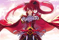 Rule 34 | 1girl, bad id, bad twitter id, braid, cape, colorized, elesis (elsword), elsword, empire sword (elsword), expressionless, gloves, hair ribbon, highres, jacket, long hair, mellchi, own hands together, ponytail, red eyes, red hair, ribbon, solo, sword, weapon