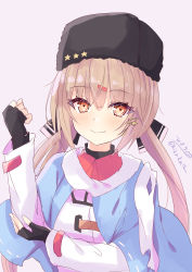 Rule 34 | 1girl, absurdres, black bow, black gloves, black hat, blue shawl, bow, brown eyes, brown hair, fingerless gloves, fur hat, gloves, gradient background, grey background, hair bow, hat, highres, hizaka, jacket, kantai collection, long hair, long sleeves, looking at viewer, low twintails, papakha, red shirt, ribbon trim, russian clothes, scarf, shawl, shirt, signature, smile, solo, tashkent (kancolle), torn clothes, torn scarf, twintails, twitter username, untucked shirt, upper body, white jacket, white scarf
