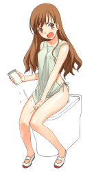 Rule 34 | 00s, 1girl, a1 (initial-g), absurdres, blush, brown eyes, brown hair, caught, covering privates, cup, highres, long hair, looking at viewer, maria-sama ga miteru, open mouth, simple background, sitting, solo, tears, toilet, toudou shimako, white background
