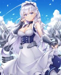 Rule 34 | 1girl, apron, azur lane, bare shoulders, belfast (azur lane), blue dress, blue sky, braid, breasts, cannon, cleavage, cloud, cloudy sky, collarbone, commentary request, day, dress, elbow gloves, fingerless gloves, frilled apron, frills, gloves, grey gloves, highres, large breasts, long hair, machinery, maid, maid headdress, outdoors, pong (vndn124), silver hair, sky, sleeveless, sleeveless dress, solo, turret, very long hair, waist apron, water drop, white apron
