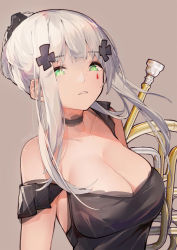 Rule 34 | 1girl, 416 day, absurdres, artist name, bare shoulders, black choker, black shirt, blunt bangs, breasts, brown background, chinese commentary, choker, cleavage, commentary request, facial mark, french horn, girls&#039; frontline, green eyes, hair ornament, highres, hk416 (girls&#039; frontline), instrument, large breasts, liu zhao, long hair, looking at viewer, parted lips, shirt, sidelocks, simple background, solo, teardrop, teardrop facial mark, teardrop tattoo, teeth, upper body, white hair