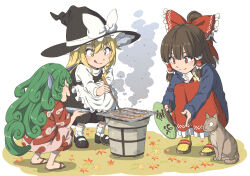 Rule 34 | 3girls, :q, animal, apron, autumn leaves, black footwear, black hair, black headwear, black vest, blonde hair, bow, cat, chopsticks, closed mouth, commentary request, cooking, curly hair, dog tail, fish, fish (food), frilled apron, frilled shirt collar, frills, green hair, grill, grilling, hair bow, hair tubes, hakurei reimu, hand fan, hat, hat bow, holding, holding chopsticks, holding fan, horns, inuno rakugaki, kariyushi shirt, kirisame marisa, komano aunn, long hair, long sleeves, multiple girls, paper fan, red bow, red eyes, red shirt, ribbed socks, saury, shichirin, shirt, shoes, sidelocks, single horn, smile, socks, tail, tongue, tongue out, touhou, uchiwa, vest, waist apron, white apron, white bow, white socks, witch hat, yellow eyes, yellow socks