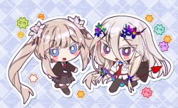 Rule 34 | 1boy, 1girl, :d, black jacket, black pants, black thighhighs, blonde hair, blue background, blue choker, blue eyes, blue flower, blue sweater, blush stickers, bright pupils, brown footwear, candy, chibi, choker, collared shirt, colored eyelashes, commentary request, eyes visible through hair, fate/grand order, fate (series), flower, food, gradient flower, green eyes, grey skirt, hair between eyes, hair flower, hair ornament, holding, holding instrument, instrument, jacket, jacket on shoulders, konpeitou, korean commentary, lanyard, long hair, looking at viewer, low-tied sidelocks, marie antoinette (alter) (fate), marie antoinette (fate), multicolored eyes, necktie, open clothes, open jacket, open mouth, outline, outstretched arms, pants, pleated skirt, purple eyes, purple flower, red necktie, school uniform, shirt, simple background, sitto, skirt, smile, sweater, thighhighs, twintails, ukulele, very long hair, white flower, white outline, white pupils, white shirt, wing collar, wolfgang amadeus mozart (fate)