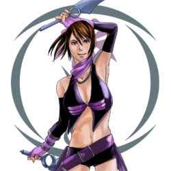 Rule 34 | 1girl, armpits, arms up, belt, breasts, brown hair, buckle, cleavage, closed mouth, collarbone, dual wielding, holding, holding sword, holding weapon, kunoichi (sengoku musou), large breasts, lips, lowres, midriff, navel, sengoku musou, simple background, solo, standing, stomach, sword, weapon, white background