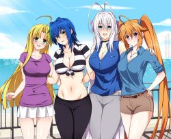 Rule 34 | 4girls, ahoge, antenna hair, asia argento, beach, belt, black pants, blonde hair, blue eyes, blue hair, blush, boardwalk, breasts, brown shorts, choker, cleavage, collarbone, crop top, cross, cross necklace, denim, denim jacket, female focus, front-tie top, green eyes, grey pants, hair between eyes, hair intakes, hair ribbon, hand on another&#039;s back, hand on another&#039;s shoulder, hand on own hip, high school dxd, jacket, jewelry, large breasts, lindaroze, long hair, looking at viewer, medium hair, midriff, multicolored hair, multiple girls, navel, necklace, ocean, open mouth, orange hair, pants, parted bangs, patreon username, pleated skirt, purple eyes, purple shirt, ribbon, rossweisse, shidou irina, shirt, shorts, signature, silver hair, skirt, sky, sleeveless, sleeveless shirt, smile, standing, stomach, streaked hair, striped clothes, striped shirt, t-shirt, teeth, twintails, twitter username, upper teeth only, very long hair, watermark, web address, white skirt, xenovia quarta, yellow eyes