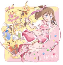 Rule 34 | 1girl, bow, bracelet, brown hair, clenched hand, cosplay pikachu, creatures (company), earrings, full body, game freak, gen 1 pokemon, holding, holding microphone, jewelry, may (pokemon), microphone, midriff, navel, nintendo, open mouth, pikachu, pink bow, pink footwear, pokeblock, pokemon, pokemon (creature), pokemon oras, ribbon, riz (ravel dc), shoes, skirt, star (symbol)