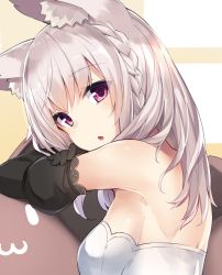 Rule 34 | 1girl, :o, animal ear fluff, animal ears, arm rest, armpits, back, bare shoulders, black gloves, braid, breasts, cat ears, chestnut mouth, close-up, detached sleeves, dress, from side, gloves, head tilt, highres, indie virtual youtuber, juliet sleeves, long hair, long sleeves, looking at viewer, looking back, original, parted lips, puffy sleeves, purple eyes, sidelocks, silver hair, small breasts, solo, strapless, strapless dress, takehana note, upper body, virtual youtuber