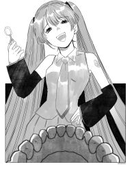 Rule 34 | 1girl, collared shirt, commentary, contrapposto, detached sleeves, goldenriver8, greyscale, half-closed eyes, hand on own hip, hand up, hashtag-only commentary, hatsune miku, head tilt, highres, holding pliers, long hair, looking at viewer, monochrome, necktie, number tattoo, open mouth, pleated skirt, pliers, pov, shirt, shoulder tattoo, skirt, sleeveless, sleeveless shirt, smile, solo, tareme, tattoo, teeth, twintails, very long hair, vocaloid