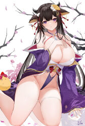 Rule 34 | 1girl, animal ears, azur lane, baige0, bare shoulders, blush, breasts, brown hair, cleavage, cow ears, cow girl, cow horns, hand on own chest, horns, japanese clothes, kashino (azur lane), kashino (robust floral strings) (azur lane), kimono, large breasts, long hair, long sleeves, looking at viewer, official alternate costume, purple eyes, purple kimono, solo, wide sleeves