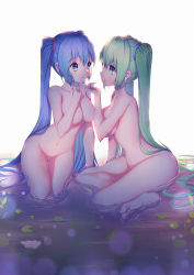 Rule 34 | 2girls, aqua hair, arm at side, arm support, backlighting, bad id, bad pixiv id, barefoot, blue eyes, blue hair, blush, breasts, collarbone, dual persona, eye contact, eyebrows, eyelashes, female focus, flower, green eyes, green hair, hair ornament, hand on another&#039;s chin, hatsune miku, highres, large breasts, lily pad, long hair, looking at another, multiple girls, navel, nude, parted lips, profile, selfcest, shade, sideboob, sitting, soaking feet, stomach, twintails, very long hair, vocaloid, water, white background, xiaosan ye, yuri
