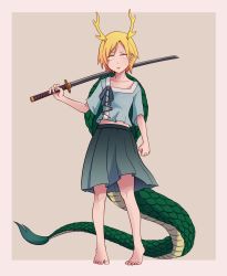 Rule 34 | 1girl, antlers, barefoot, blonde hair, blue shirt, border, breasts, brown background, brown border, commentary request, constricted pupils, dragon girl, dragon horns, dragon tail, full body, green skirt, highres, holding, holding sword, holding weapon, horns, katana, kicchou yachie, looking at viewer, open mouth, red eyes, shirt, short hair, short sleeves, simple background, skirt, small breasts, solo, standing, sword, tail, touhou, turtle shell, weapon, yan pai
