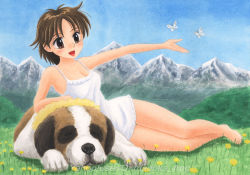 Rule 34 | 1970s (style), 1girl, :d, acrylic paint (medium), alps no shoujo heidi, animal, bad id, bad pixiv id, bare legs, bare shoulders, barefoot, breasts, brown eyes, brown hair, bug, butterfly, camisole, chemise, cleavage, collarbone, day, dog, dress, feet, flower, heidi (alps no shoujo heidi), insect, joseph (alps no shoujo heidi), joseph (heidi), legs together, lying, madoka akira, meadow, mountain, mountains, nature, nippon animation, oldschool, on side, open mouth, outdoors, outstretched arm, painting (medium), retro artstyle, short dress, short hair, skirt, sky, sleeveless, sleeveless dress, smile, solo, st bernard, thigh gap, traditional media, underwear, underwear only, watermark, world masterpiece theater