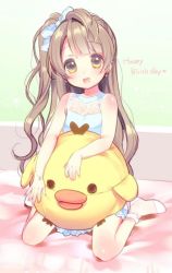 Rule 34 | 10s, 1girl, :d, aged down, artist request, bed sheet, blush, body blush, bracelet, brown hair, child, dress, earrings, english text, female focus, fingernails, happy birthday, heart, indoors, jewelry, lace, long hair, love live!, love live! school idol project, minami kotori, on bed, open mouth, polka dot, shiny skin, sitting, sleeveless, smile, socks, solo, white dress, yellow eyes