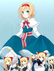 Rule 34 | 1girl, absurdres, alice margatroid, arrow (projectile), blonde hair, blue eyes, capelet, doll, dress, female focus, green eyes, hairband, highres, looking at viewer, m1 bazooka, orange eyes, polearm, puppet, purple eyes, red eyes, ribbon, rocket launcher, shanghai doll, shield, short hair, solo, spear, sword, touhou, tsuno no hito, weapon, yellow eyes