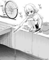 Rule 34 | 1girl, :d, ahoge, bicycle, bike shorts, blush, bucket, commentary request, fishing, fishing line, futaba anzu, greyscale, holding, holding stick, idolmaster, idolmaster cinderella girls, lobster, long hair, low twintails, monochrome, open mouth, scissors, shirt, short shorts, short sleeves, shorts, smile, solo, squatting, stick, sweat, twintails, very long hair, water, youtike