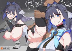 Rule 34 | 1boy, 1girl, black hair, black thighhighs, blue eyes, blue hair, blush, breasts, censored, chain, cleavage, earrings, grin, hair intakes, hetero, highres, hololive, hololive english, jewelry, large breasts, looking at viewer, medium hair, mosaic censoring, multicolored hair, navel, nipples, ouro kronii, paid reward available, sex, smile, sweat, thighhighs, two-tone hair, virtual youtuber, yanje