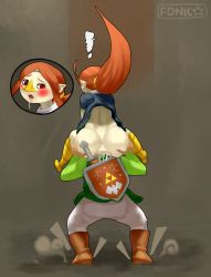 Rule 34 | !, 1boy, 1girl, anal, anilingus, ass, ass grab, blush, bottomless, cowgirl position, falling, hands on ass, head in ass, head insertion, hetero, highres, huge ass, large insertion, link, looking down, medli, nintendo, oral, sex, sitting, sitting on face, sitting on head, sitting on person, sitting on shoulder, sitting on shoulders, standing, straddling, the legend of zelda, third-party edit, toon link, uncensored, wide hips