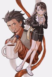 Rule 34 | 1boy, 1girl, ace attorney, asymmetrical bangs, black jacket, blush, breasts, brown hair, cleavage, closed mouth, coffee, coffee mug, cup, diego armando, earrings, facial hair, formal, furrowed brow, highres, holding, holding cup, jacket, jewelry, long hair, long sleeves, looking at viewer, magatama, medium breasts, mia fey, mole, mole under mouth, mug, necklace, necktie, pencil skirt, phoenix wright: ace attorney - trials and tribulations, renshu usodayo, scarf, shirt, shoes, short hair, simple background, skirt, skirt suit, smile, suit, vest, yellow scarf