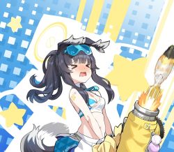 Rule 34 | &gt; &lt;, 1girl, ammunition, animal ears, bare arms, bare shoulders, black hair, blue archive, blush, breasts, cheerleader, closed eyes, dog ears, dog tail, eyewear on head, firing, goggles, goggles on head, halo, hibiki (blue archive), hibiki (cheer squad) (blue archive), holding, holding pom poms, kaede (yumesaki kaede), meme, millennium cheerleader outfit (blue archive), mortar (weapon), nose blush, open mouth, pom pom (cheerleading), pom poms, shell (projectile), skirt, small breasts, solo, sticker on arm, tail, tail wagging