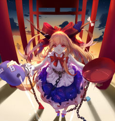 Rule 34 | 1girl, alcohol, belt, blonde hair, boots, chain, cup, dress, from above, full body, gourd, hair ornament, hair ribbon, highres, horn ornament, horn ribbon, horns, ibuki suika, layered dress, long hair, looking at viewer, looking up, mconch, orange eyes, ribbon, sakazuki, sake, sky, sleeveless, smile, solo, torii, touhou, wrist cuffs