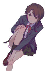 Rule 34 | 1girl, asymmetrical hair, blazer, brown eyes, brown hair, chromatic aberration, dutch angle, hair ornament, highres, invisible chair, iwakura lain, jacket, liangchanxingmingrixiang, loafers, looking at viewer, miniskirt, parted lips, pleated skirt, school uniform, serial experiments lain, shoes, short hair, simple background, sitting, skirt, solo, white background, x hair ornament