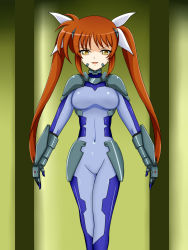 Rule 34 | 00s, 1girl, bad end, bodysuit, breasts, brown hair, cosplay, dark persona, ebako, evil smile, facial mark, gauntlets, highres, long hair, looking at viewer, lyrical nanoha, mahou shoujo lyrical nanoha strikers, md5 mismatch, mind control, numbers (nanoha), numbers (nanoha) (cosplay), orange hair, red hair, smile, solo, takamachi nanoha, twintails, very long hair, yellow eyes