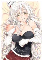Rule 34 | 10s, 1girl, bare shoulders, bed sheet, blush, breasts, bustier, cleavage, hat, inuzumi masaki, kantai collection, large breasts, long hair, looking at viewer, pola (kancolle), red skirt, skirt, solo, white hair, yellow eyes