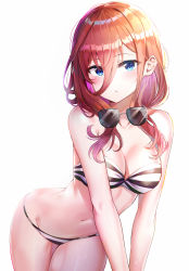 Rule 34 | 1girl, absurdres, bandeau, bare arms, bare shoulders, bent over, bikini, blue eyes, blush, breasts, brown hair, cleavage, closed mouth, collarbone, cowboy shot, go-toubun no hanayome, groin, hair between eyes, highres, large breasts, leaning forward, long hair, looking at viewer, nakano miku, navel, sidelocks, simple background, solo, stomach, strapless, strapless bikini, striped bikini, striped clothes, sunglasses, sunhyun, swimsuit, thighs, v arms, white background