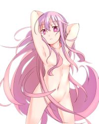 Rule 34 | 1girl, armpits, arms up, breasts, closed mouth, commentary request, cowboy shot, expressionless, furorina, hair between eyes, hair censor, hair over breasts, hata no kokoro, highres, long hair, looking at viewer, navel, nude, pink eyes, pink hair, sidelocks, small breasts, solo, touhou, very long hair