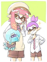 Rule 34 | 1boy, 1girl, comamawa, glasses, hand on own face, hat, highres, inkling, inkling boy, inkling girl, inkling player character, jellyfish (splatoon), long sleeves, neck tie, nintendo, pointy ears, ponytail, purple hair, red hair, shirt, shorts, sparkle, splatoon (series), untucked shirt, vest, yellow eyes
