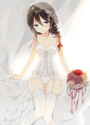 Rule 34 | 10s, 1girl, ahoge, bare shoulders, black hair, blush, bouquet, breasts, bridal veil, flower, garter straps, hair flaps, hair ornament, kantai collection, lace, lace-trimmed legwear, lace trim, long hair, naoto (tulip), panties, shigure (kancolle), shigure kai ni (kancolle), small breasts, solo, thighhighs, underwear, veil, white panties, white thighhighs