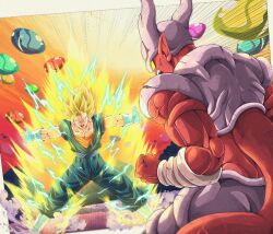 Rule 34 | 2boys, armor, aura, biceps, blonde hair, blue sash, border, bracer, bure (fantasticyouth7), clenched hand, colored skin, commentary request, dougi, dragon ball, dragonball z, earrings, electricity, emphasis lines, energy, gloves, green eyes, horns, janemba, jewelry, looking at another, male focus, mountain, multiple boys, muscular, muscular male, open mouth, orange shirt, outside border, outstretched arms, pectorals, pointy ears, potara earrings, red skin, sash, sharp teeth, shirt, short sleeves, silhouette, spiked hair, spread arms, standing, super saiyan, super saiyan 2, tail, teeth, tongue, v-shaped eyebrows, vegetto, veins, white border, white gloves, yellow eyes