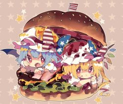 Rule 34 | 2girls, :t, american flag, american flag print, ascot, bat wings, blonde hair, blue hair, blush stickers, bow, burger, commentary, crystal, fang, flag print, flandre scarlet, food, food on face, food on head, hand up, hat, hat bow, highres, in food, long hair, looking at viewer, mini flag, mob cap, multiple girls, nikorashi-ka, object on head, open mouth, oversized food, oversized object, pointy ears, red ascot, red eyes, remilia scarlet, shirt, short sleeves, siblings, sisters, star-shaped pupils, star (symbol), star print, starry background, symbol-shaped pupils, touhou, white headwear, white shirt, wings, wrist cuffs