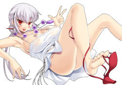 Rule 34 | 00s, 1girl, armpits, barefoot, breasts, cle masahiro, cleavage, feet, high heels, huge breasts, large breasts, legs, lying, open shoes, red eyes, sandals, shoe dangle, shoes, silver hair, soles, solo, tsubomi fujiko, zettai karen children