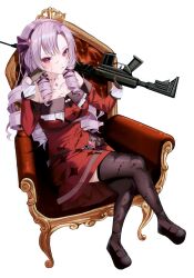Rule 34 | 1girl, absurdres, armchair, assault rifle, bare shoulders, black footwear, black gloves, black thighhighs, blood, blood on face, breasts, chair, collarbone, crossed legs, dress, drill hair, drill sidelocks, full body, gloves, gun, hair ribbon, hairband, highres, holding, holding gun, holding weapon, hyakumantenbara salome, hyakumantenbara salome (1st costume), ia 1928, long hair, long sleeves, looking at viewer, mary janes, medium breasts, nijisanji, non-web source, off-shoulder dress, off shoulder, on chair, parted bangs, purple eyes, purple hair, red dress, ribbon, rifle, shoes, sidelocks, simple background, sitting, solo, thighhighs, throne, virtual youtuber, weapon, white background