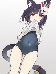 Rule 34 | 1girl, animal ear fluff, animal ears, azur lane, bad id, bad pixiv id, bell, black hair, blue one-piece swimsuit, blush, cat bell, cat ears, cat girl, cat tail, clothes in mouth, clothes lift, covered navel, female focus, gradient background, grey background, lifting own clothes, looking at viewer, mask, mouth hold, one-piece swimsuit, red eyes, school uniform, serafuku, shirt, shirt in mouth, shirt lift, solo, standing, swimsuit, swimsuit under clothes, tail, tsuka, white background, yamashiro (azur lane), yamashiro (summer offensive?) (azur lane)